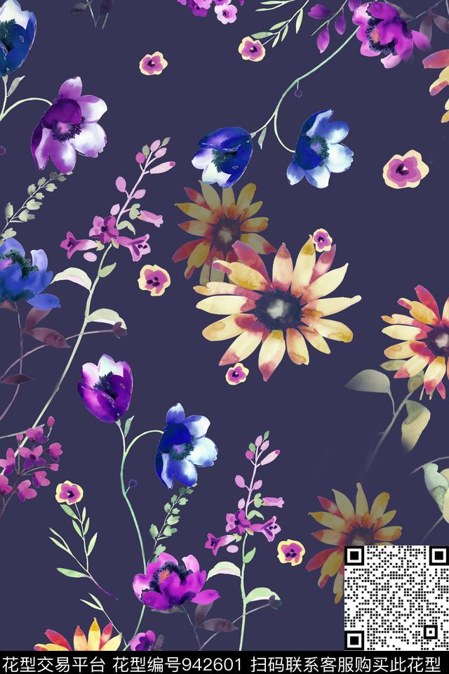 小碎花水彩花卉暗色数码印花华亿平台下载（图片编号: 942601） - 瓦栏（Walan）
