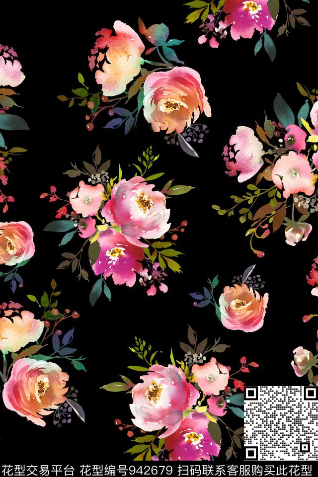 黑底花卉炫彩仿数码数码印花华亿平台下载（图片编号: 942679） - 瓦栏（Walan）