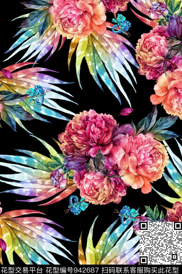 黑底花卉炫彩仿数码数码印花华亿平台下载（图片编号: 942687） - 瓦栏（Walan）