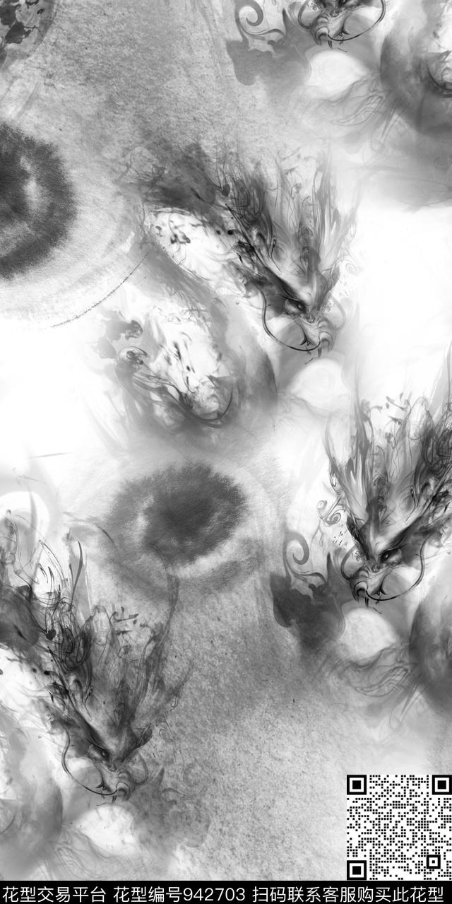 黑底花卉中国风水墨风数码印花华亿平台下载（图片编号: 942703） - 瓦栏（Walan）