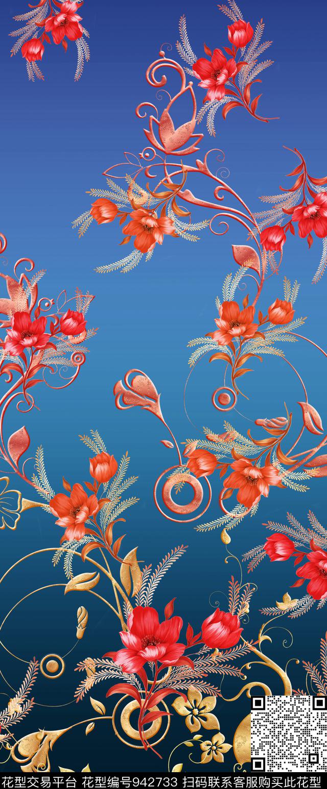 手绘花卉传统纹样线条数码印花华亿平台下载（图片编号: 942733） - 瓦栏（Walan）