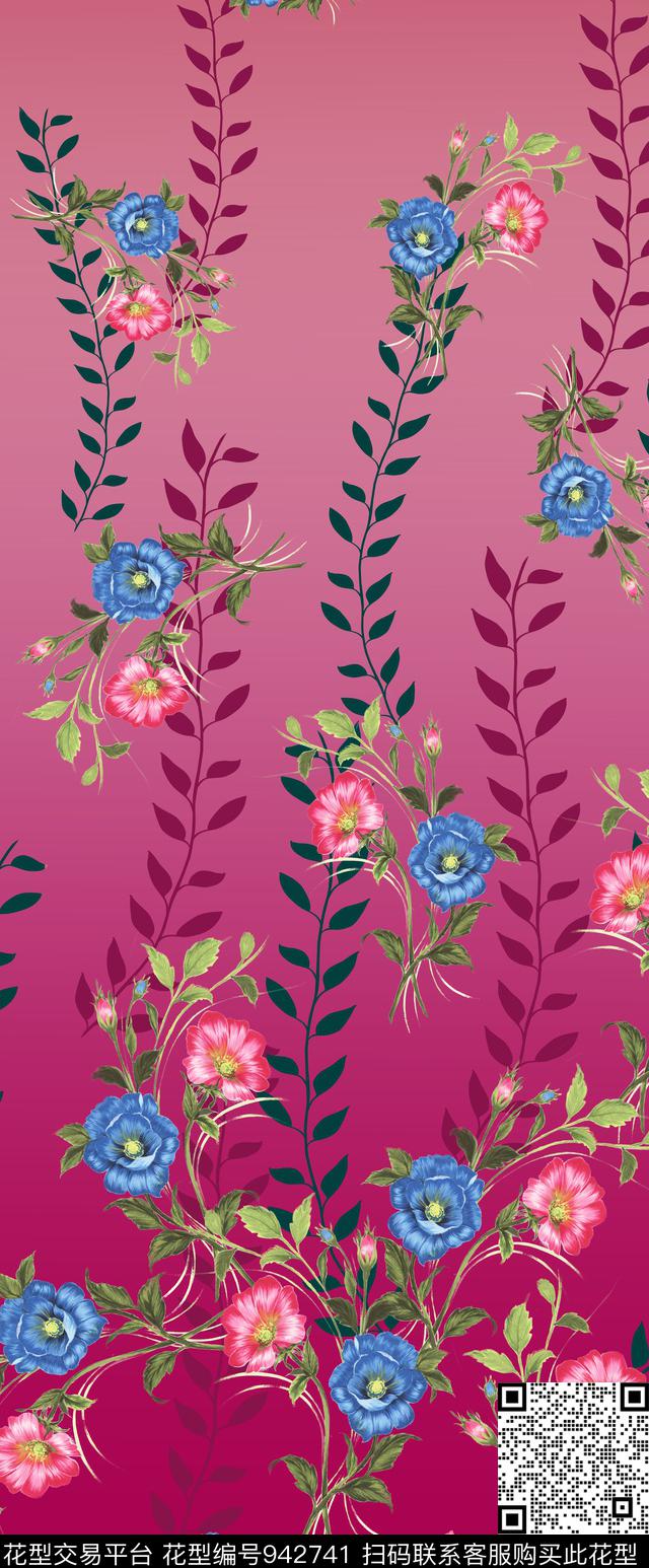 手绘花卉传统纹样线条数码印花华亿平台下载（图片编号: 942741） - 瓦栏（Walan）