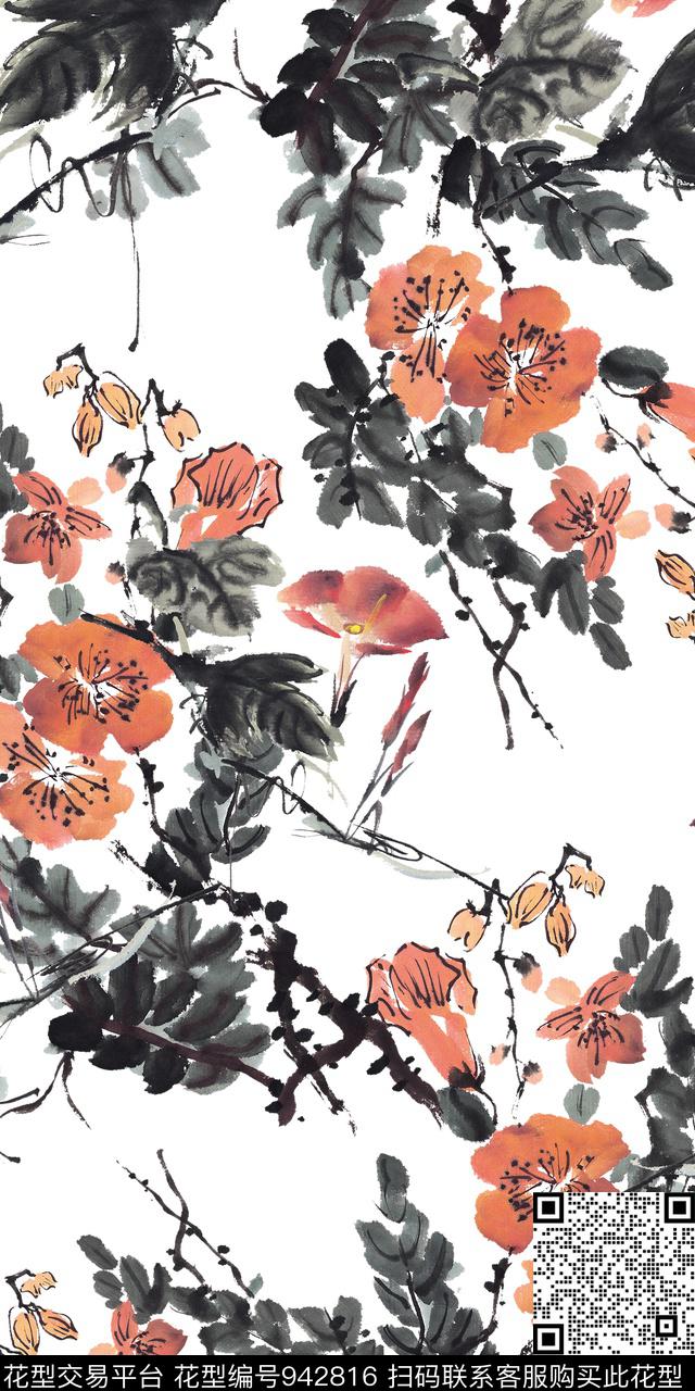 水彩花卉手绘花卉中国风数码印花华亿平台下载（图片编号: 942816） - 瓦栏（Walan）