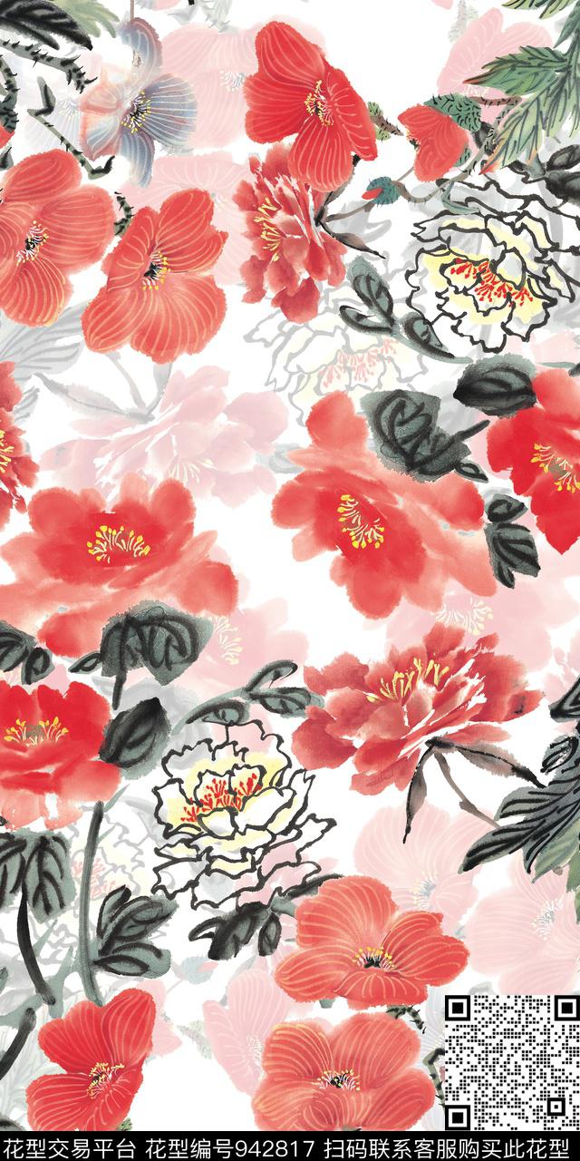 水彩花卉手绘花卉中国风数码印花华亿平台下载（图片编号: 942817） - 瓦栏（Walan）