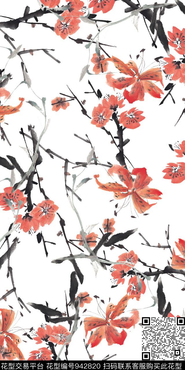 水彩花卉手绘花卉中国风数码印花华亿平台下载（图片编号: 942820） - 瓦栏（Walan）