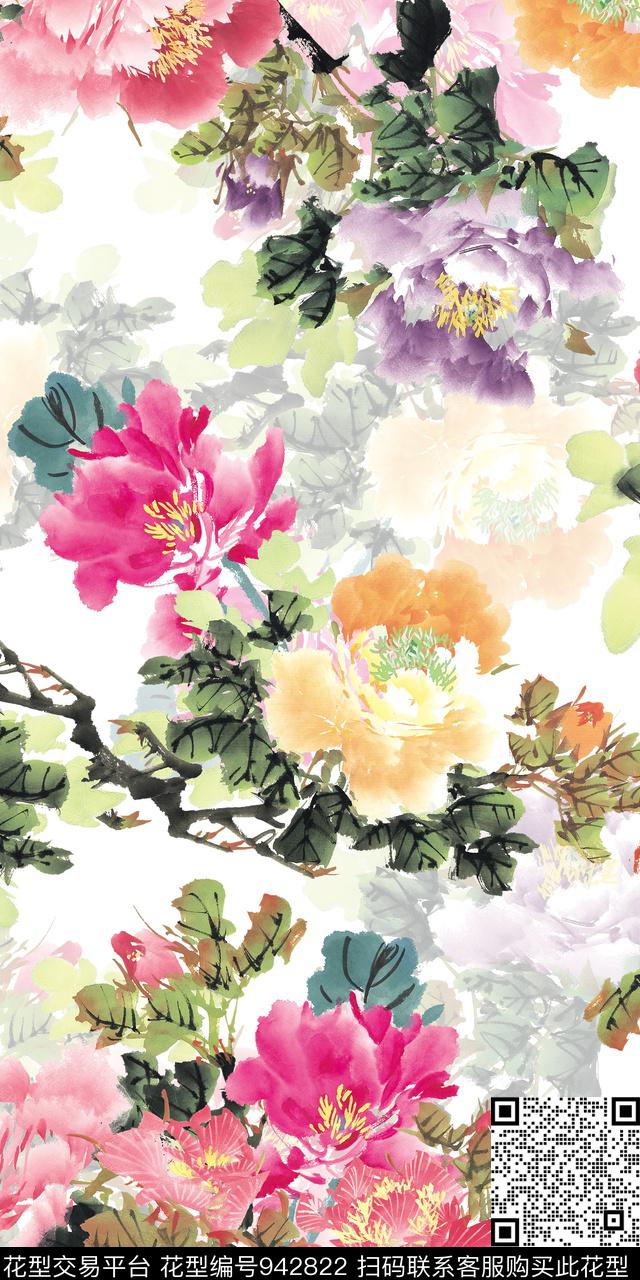 水彩花卉手绘花卉中国风数码印花华亿平台下载（图片编号: 942822） - 瓦栏（Walan）