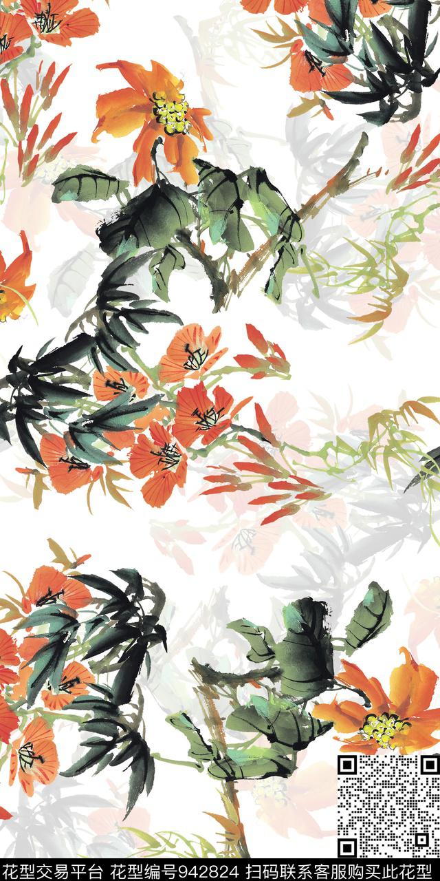 水彩花卉手绘花卉中国风数码印花华亿平台下载（图片编号: 942824） - 瓦栏（Walan）