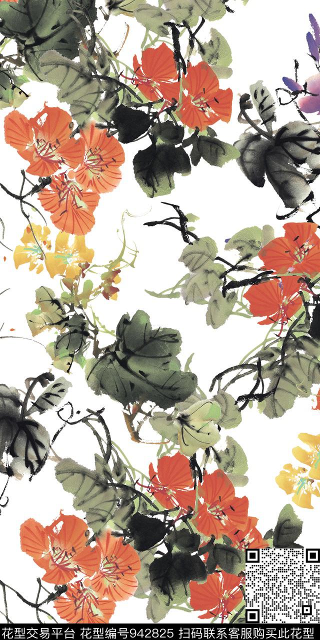 水彩花卉手绘花卉中国风数码印花华亿平台下载（图片编号: 942825） - 瓦栏（Walan）