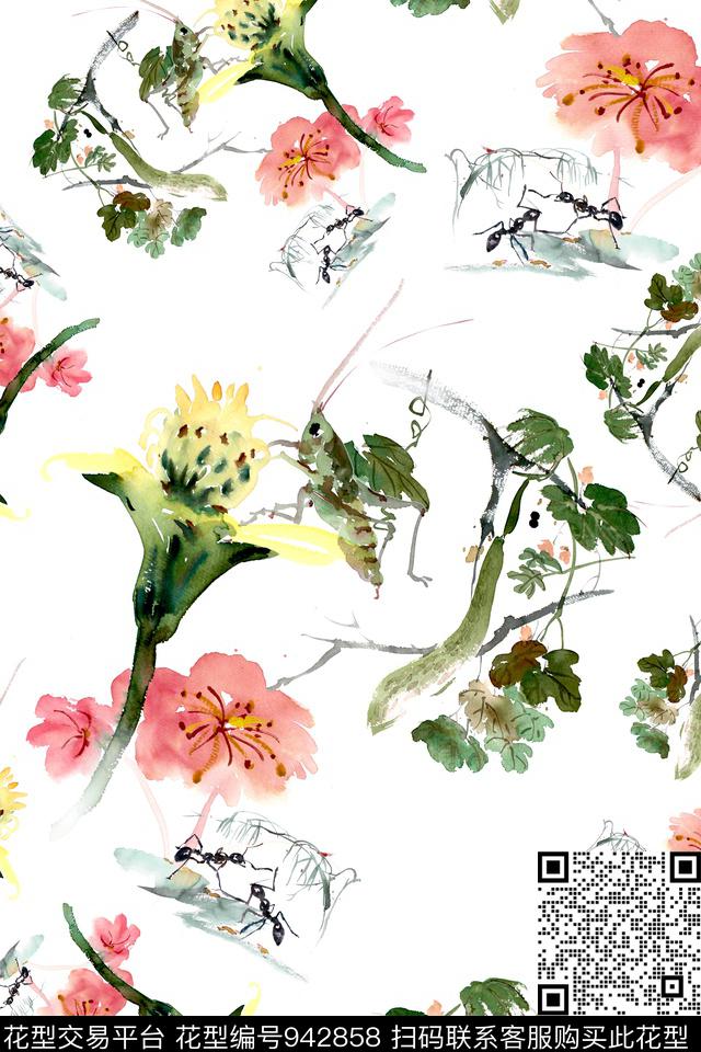 数码华亿平台手绘花卉昆虫数码印花华亿平台下载（图片编号: 942858） - 瓦栏（Walan）