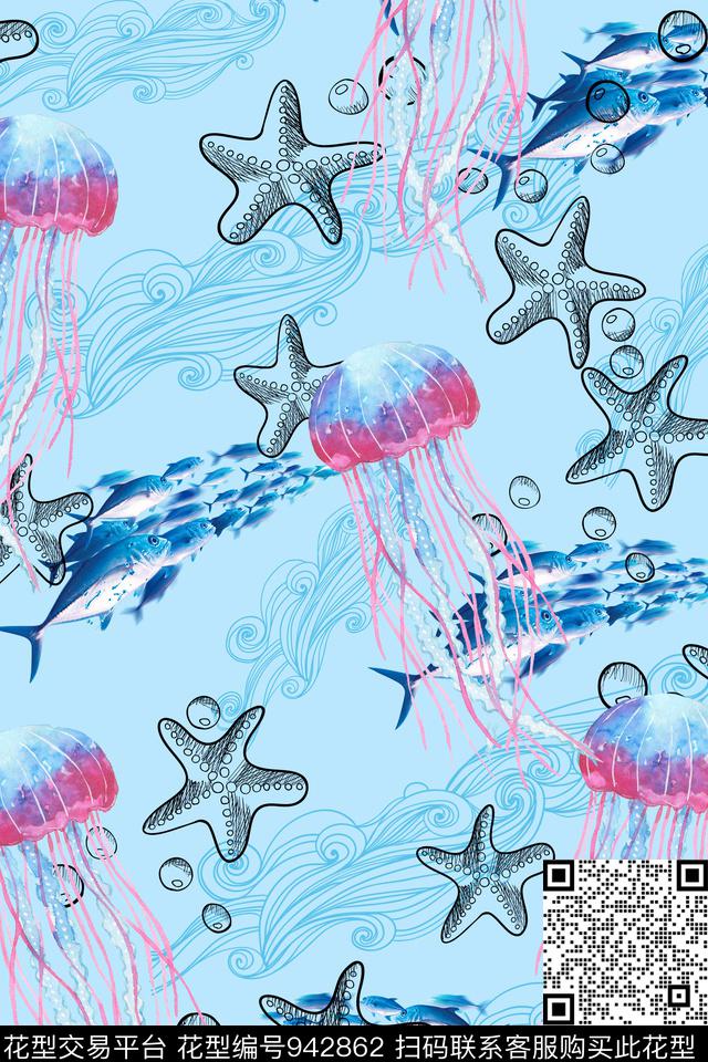 水母海星海浪数码印花华亿平台下载（图片编号: 942862） - 瓦栏（Walan）