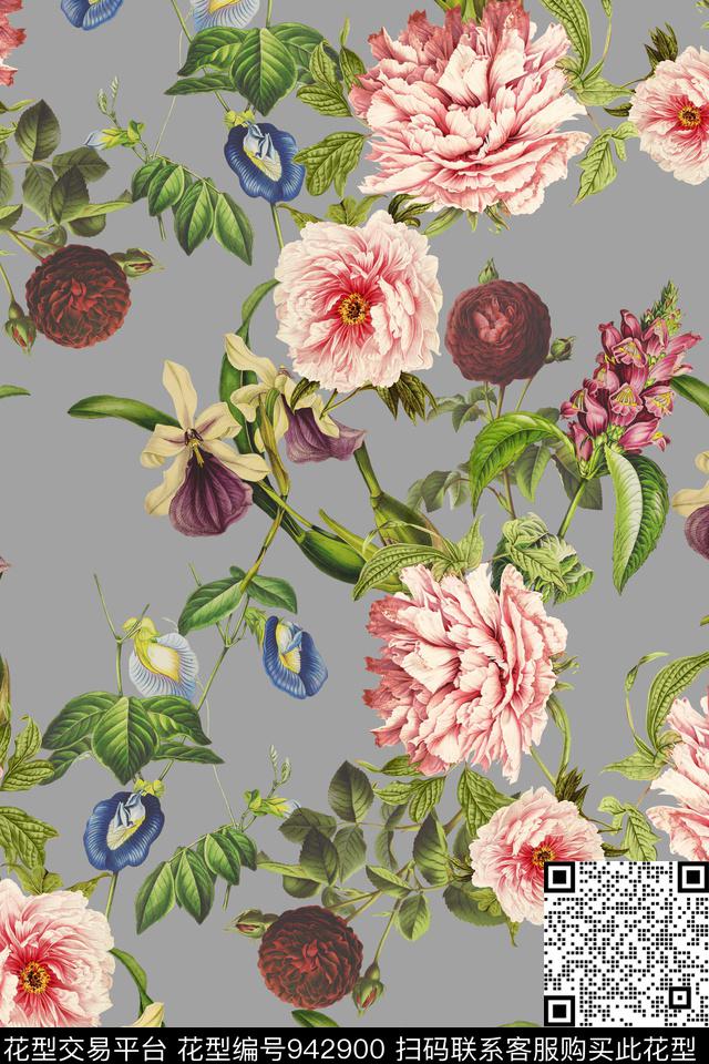 花卉复古大牌风数码印花华亿平台下载（图片编号: 942900） - 瓦栏（Walan）