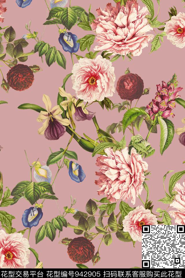 花卉复古大牌风数码印花华亿平台下载（图片编号: 942905） - 瓦栏（Walan）