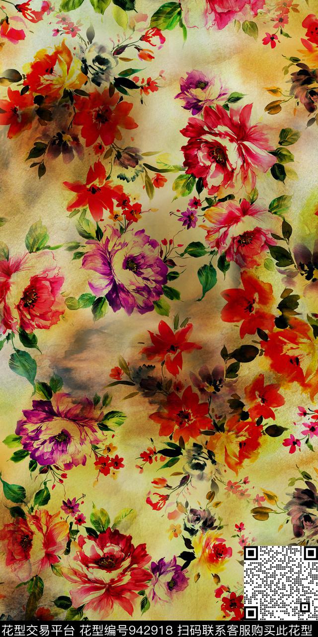 数码华亿平台手绘花卉水墨风数码印花华亿平台下载（图片编号: 942918） - 瓦栏（Walan）