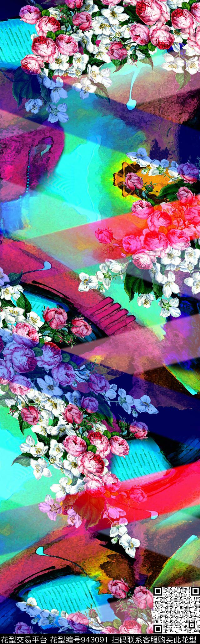 手绘花卉披肩长巾几何数码印花华亿平台下载（图片编号: 943091） - 瓦栏（Walan）