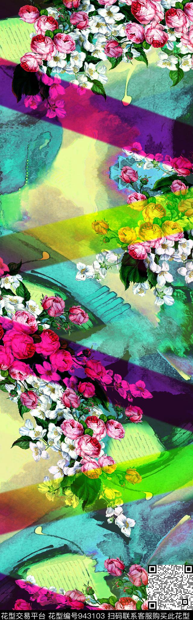 手绘花卉披肩长巾几何数码印花华亿平台下载（图片编号: 943103） - 瓦栏（Walan）