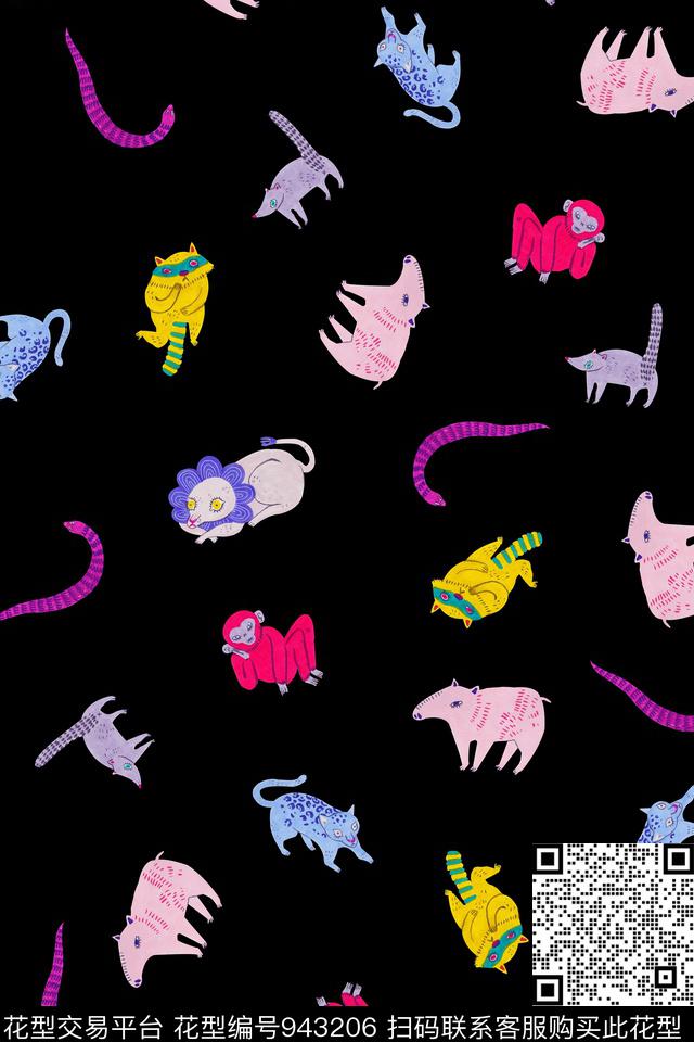 黑底花卉可爱卡通数码印花华亿平台下载（图片编号: 943206） - 瓦栏（Walan）