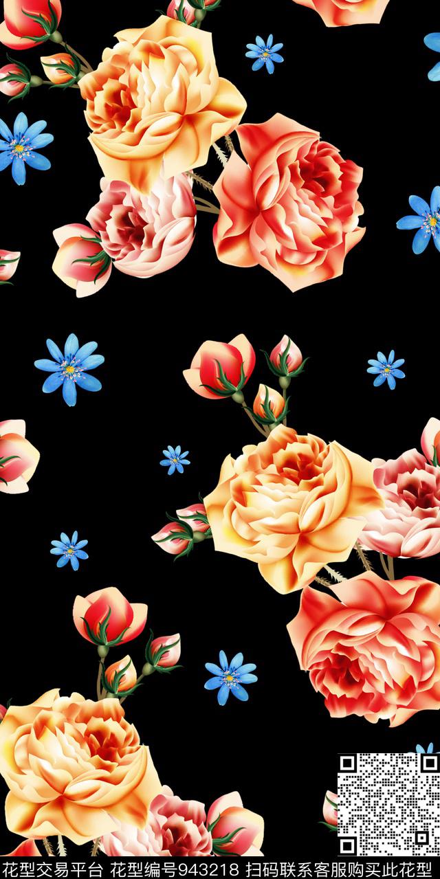 手绘花卉大花小碎花数码印花华亿平台下载（图片编号: 943218） - 瓦栏（Walan）