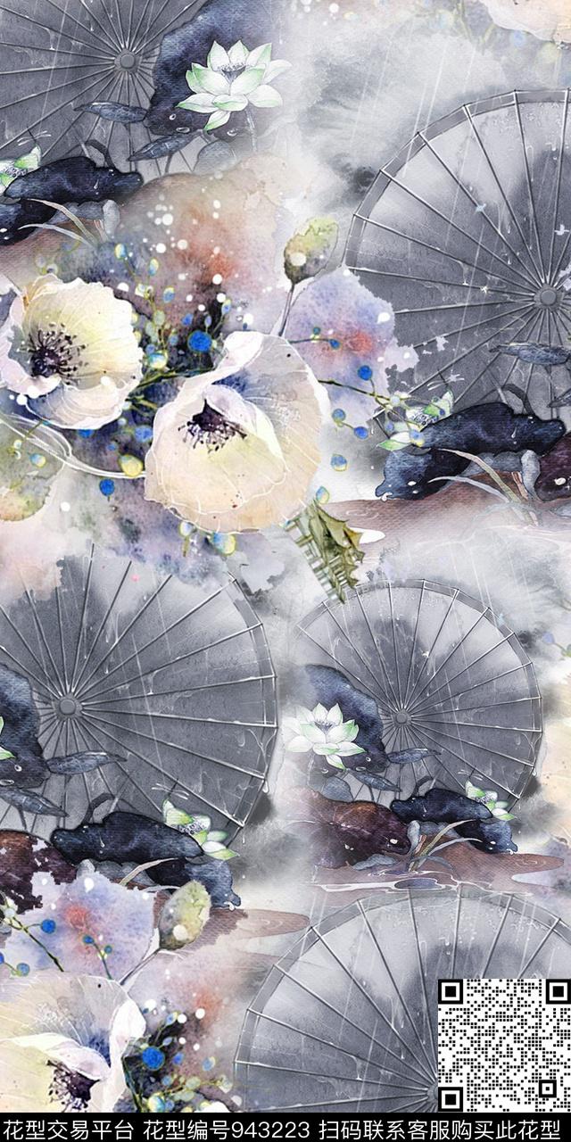 水墨风花卉油纸伞数码印花华亿平台下载（图片编号: 943223） - 瓦栏（Walan）