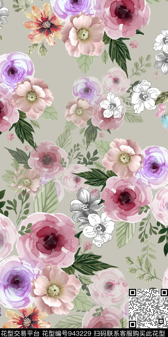水彩花卉花卉满版散花数码印花华亿平台下载（图片编号: 943229） - 瓦栏（Walan）