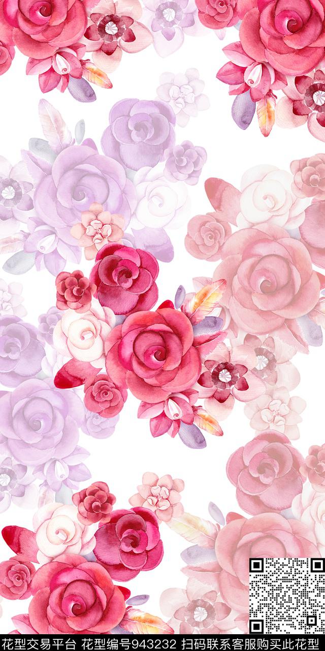 水彩花卉花卉满版散花数码印花华亿平台下载（图片编号: 943232） - 瓦栏（Walan）