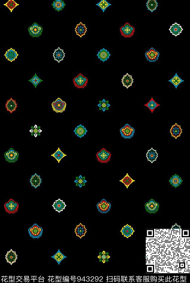 黑底花卉民族风素雅传统印花华亿平台下载（图片编号: 943292） - 瓦栏（Walan）
