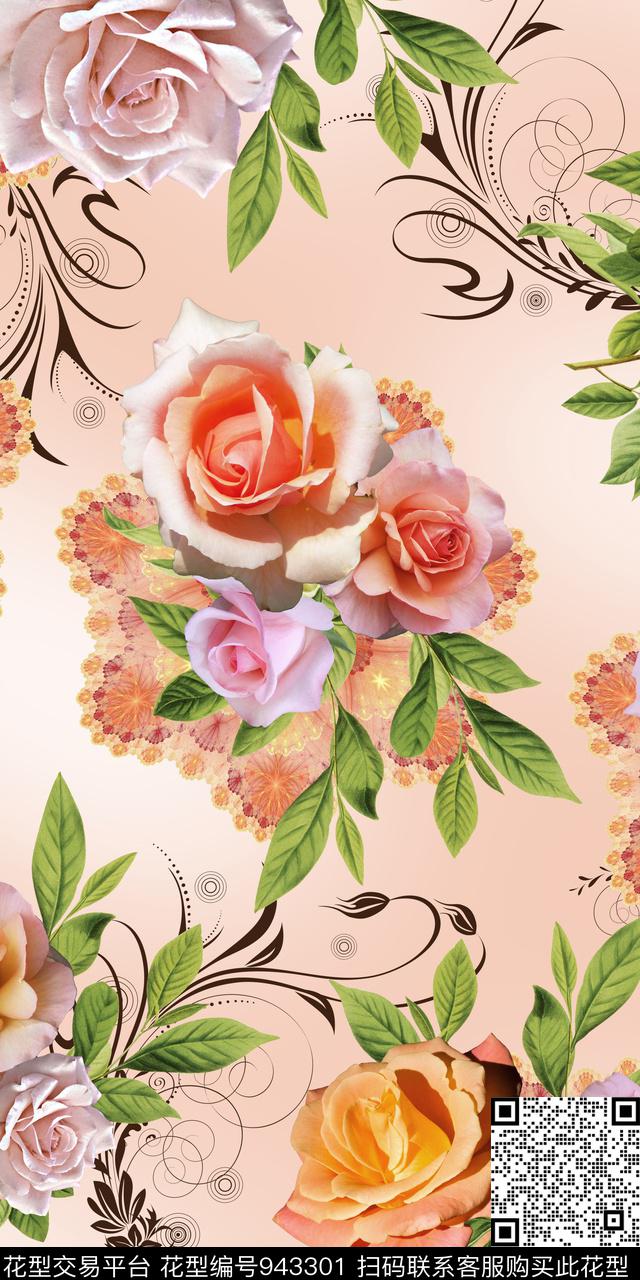 迪拜花卉满版散花中东数码印花华亿平台下载（图片编号: 943301） - 瓦栏（Walan）
