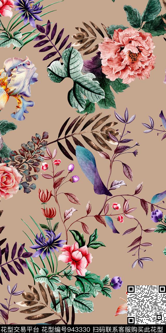 手绘花卉抽象花卉水墨风数码印花华亿平台下载（图片编号: 943330） - 瓦栏（Walan）
