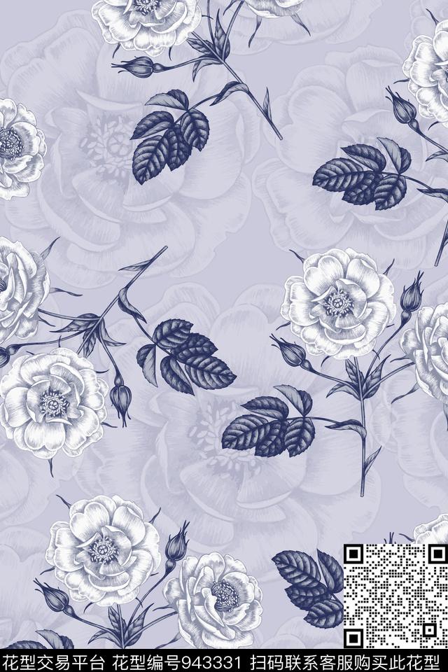 朦胧花卉玫瑰花蓝色数码印花华亿平台下载（图片编号: 943331） - 瓦栏（Walan）