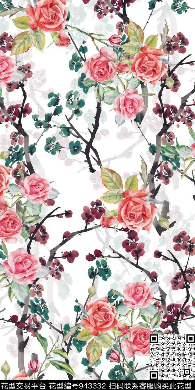 手绘花卉抽象花卉水墨风数码印花华亿平台下载（图片编号: 943332） - 瓦栏（Walan）