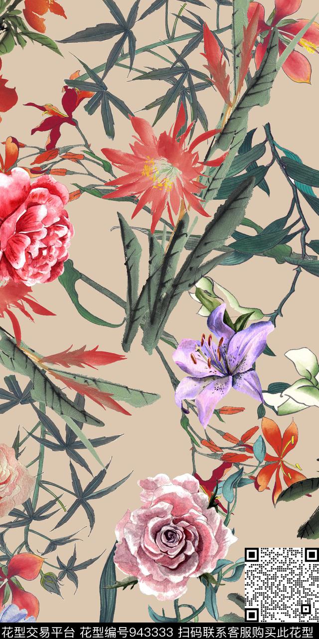 手绘花卉抽象花卉水墨风数码印花华亿平台下载（图片编号: 943333） - 瓦栏（Walan）