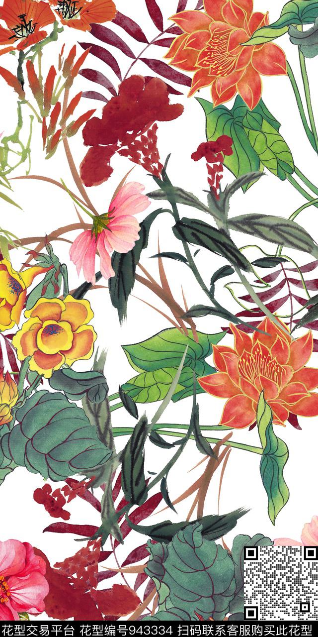 手绘花卉抽象花卉水墨风数码印花华亿平台下载（图片编号: 943334） - 瓦栏（Walan）