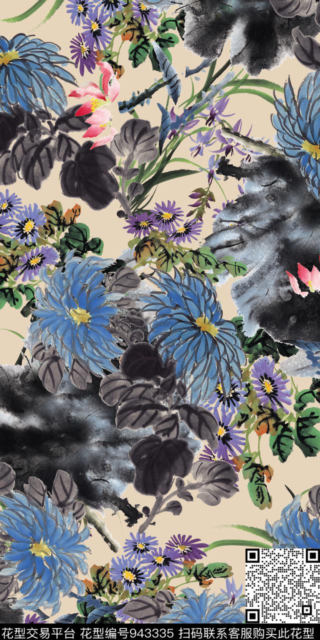 手绘花卉抽象花卉水墨风数码印花华亿平台下载（图片编号: 943335） - 瓦栏（Walan）
