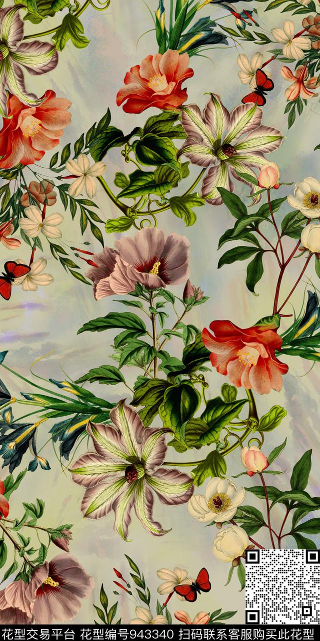 小碎花手绘花卉水墨风数码印花华亿平台下载（图片编号: 943340） - 瓦栏（Walan）