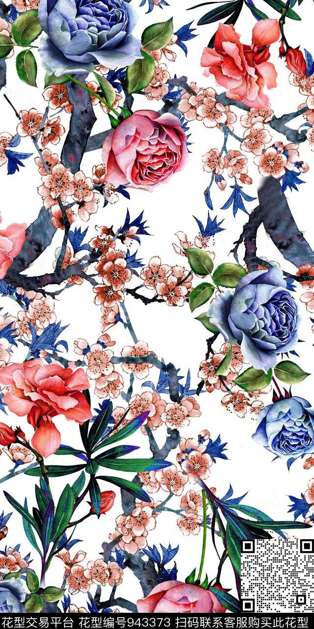 小碎花手绘花卉树枝数码印花华亿平台下载（图片编号: 943373） - 瓦栏（Walan）