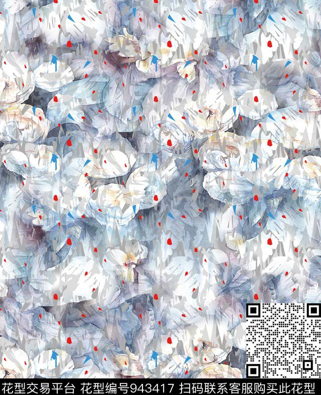 手绘花卉水墨风花卉数码印花华亿平台下载（图片编号: 943417） - 瓦栏（Walan）