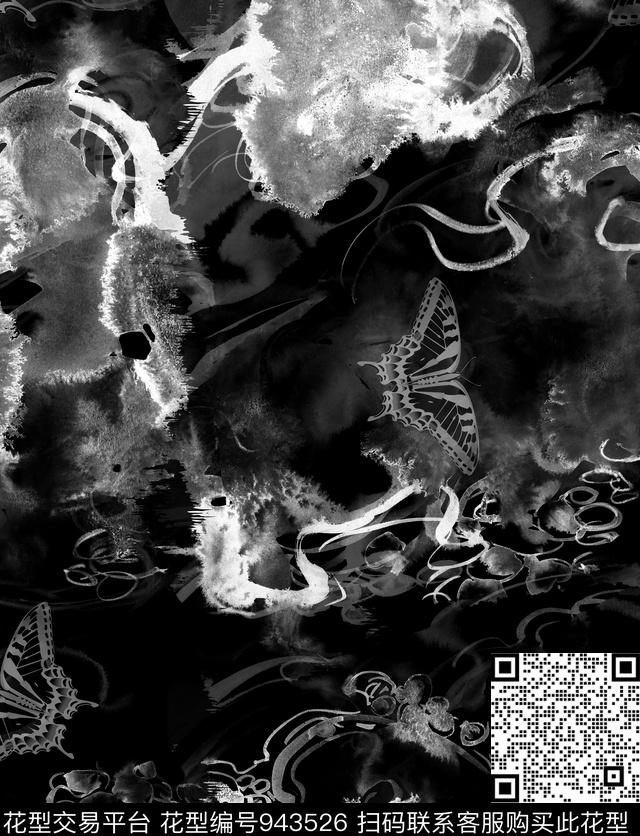 抽象花卉肌理男装黑白灰数码印花华亿平台下载（图片编号: 943526） - 瓦栏（Walan）