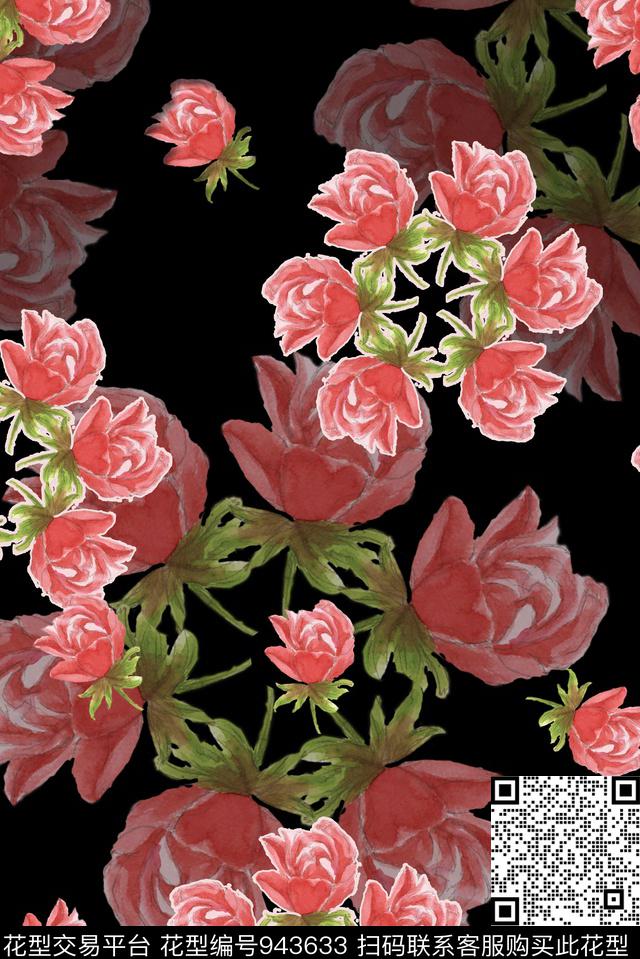 黑底花卉手绘花卉连衣裙数码印花华亿平台下载（图片编号: 943633） - 瓦栏（Walan）