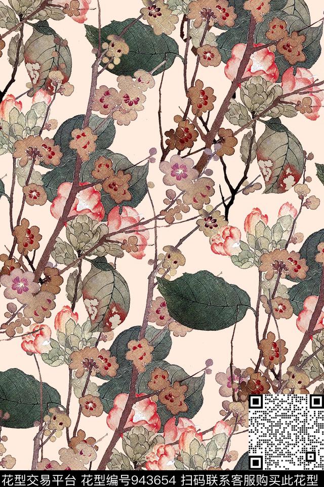 民族风手绘花卉树枝数码印花华亿平台下载（图片编号: 943654） - 瓦栏（Walan）