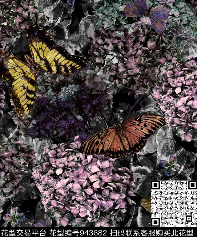 黑底花卉男装底纹数码印花华亿平台下载（图片编号: 943682） - 瓦栏（Walan）