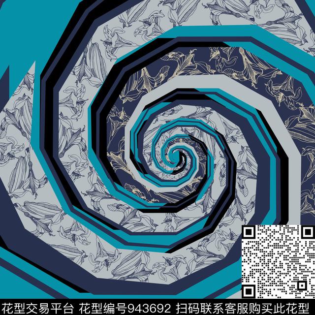 漩涡手绘花卉线条数码印花华亿平台下载（图片编号: 943692） - 瓦栏（Walan）