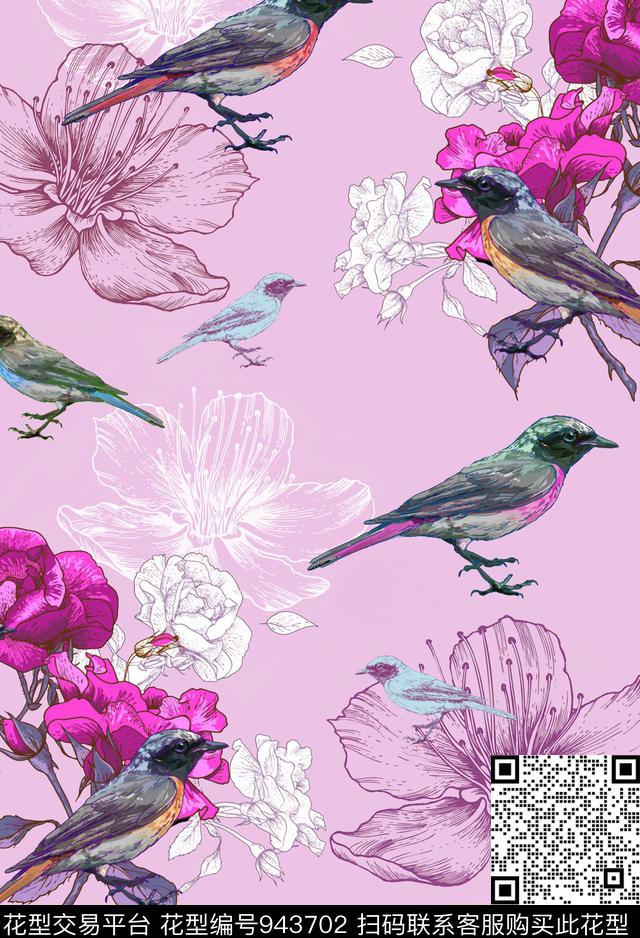 线条花卉鸟鸟/昆虫数码印花华亿平台下载（图片编号: 943702） - 瓦栏（Walan）