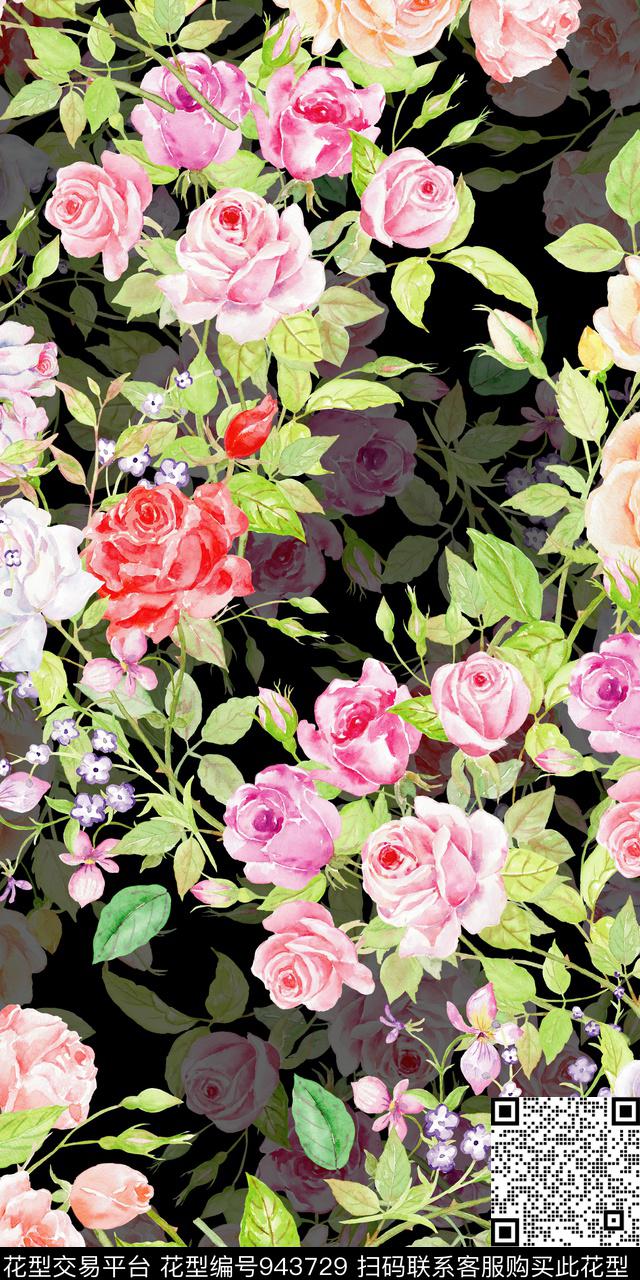 小碎花黑底花卉手绘花卉数码印花华亿平台下载（图片编号: 943729） - 瓦栏（Walan）