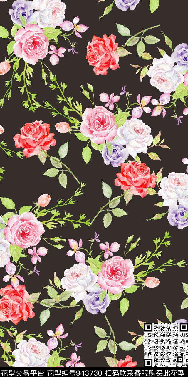 小碎花黑底花卉手绘花卉数码印花华亿平台下载（图片编号: 943730） - 瓦栏（Walan）