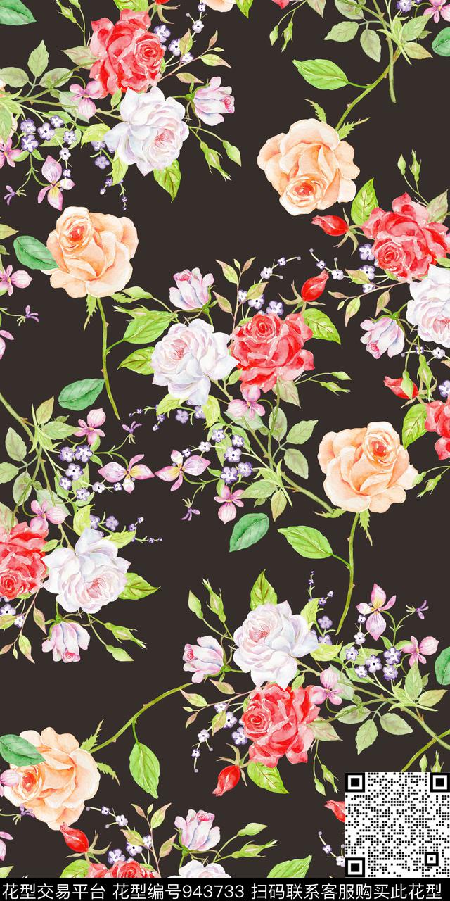 小碎花黑底花卉手绘花卉数码印花华亿平台下载（图片编号: 943733） - 瓦栏（Walan）