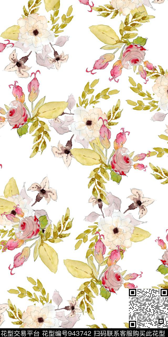 小碎花手绘花卉花卉数码印花华亿平台下载（图片编号: 943742） - 瓦栏（Walan）