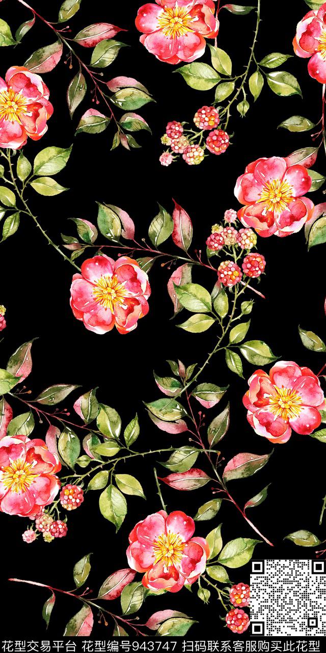 小碎花黑底花卉手绘花卉数码印花华亿平台下载（图片编号: 943747） - 瓦栏（Walan）