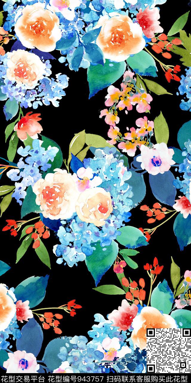 小碎花黑底花卉手绘花卉数码印花华亿平台下载（图片编号: 943757） - 瓦栏（Walan）