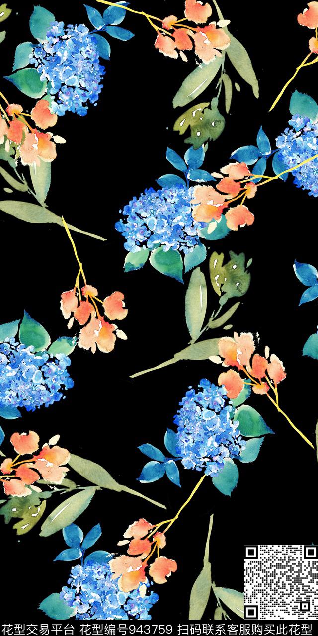 小碎花黑底花卉手绘花卉数码印花华亿平台下载（图片编号: 943759） - 瓦栏（Walan）