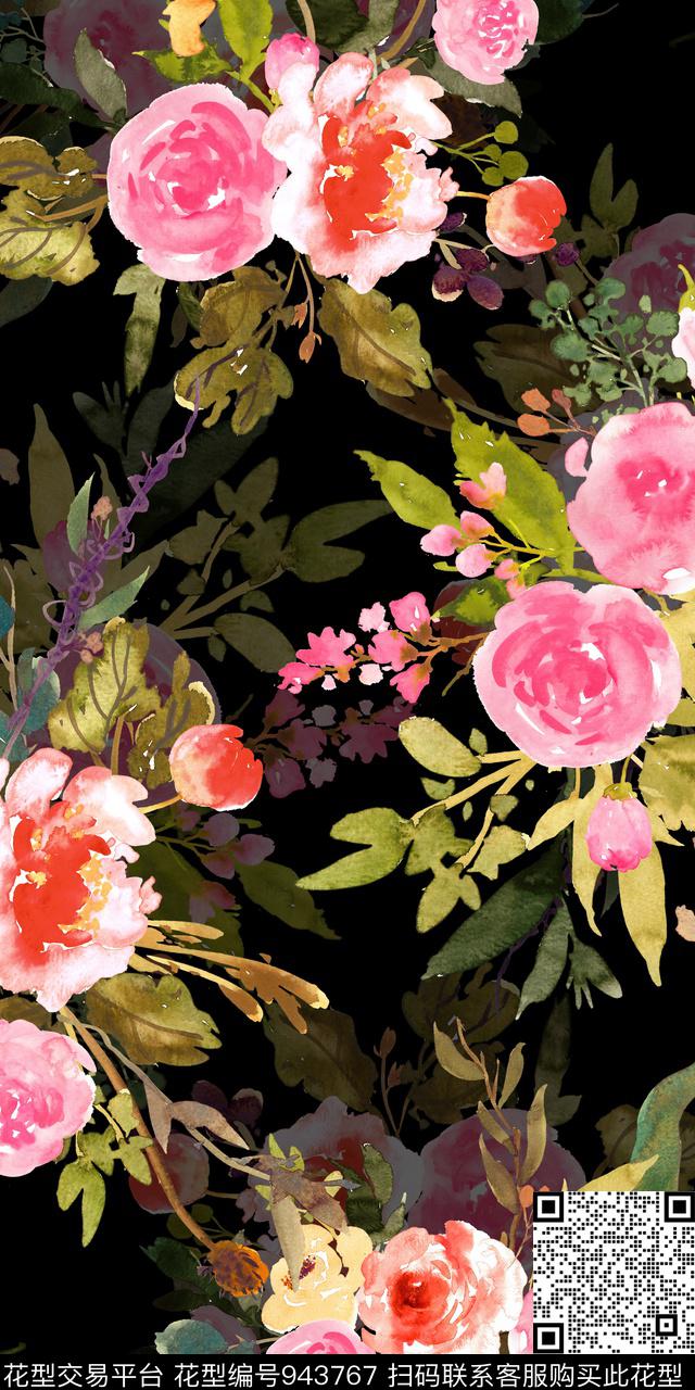 小碎花黑底花卉手绘花卉数码印花华亿平台下载（图片编号: 943767） - 瓦栏（Walan）