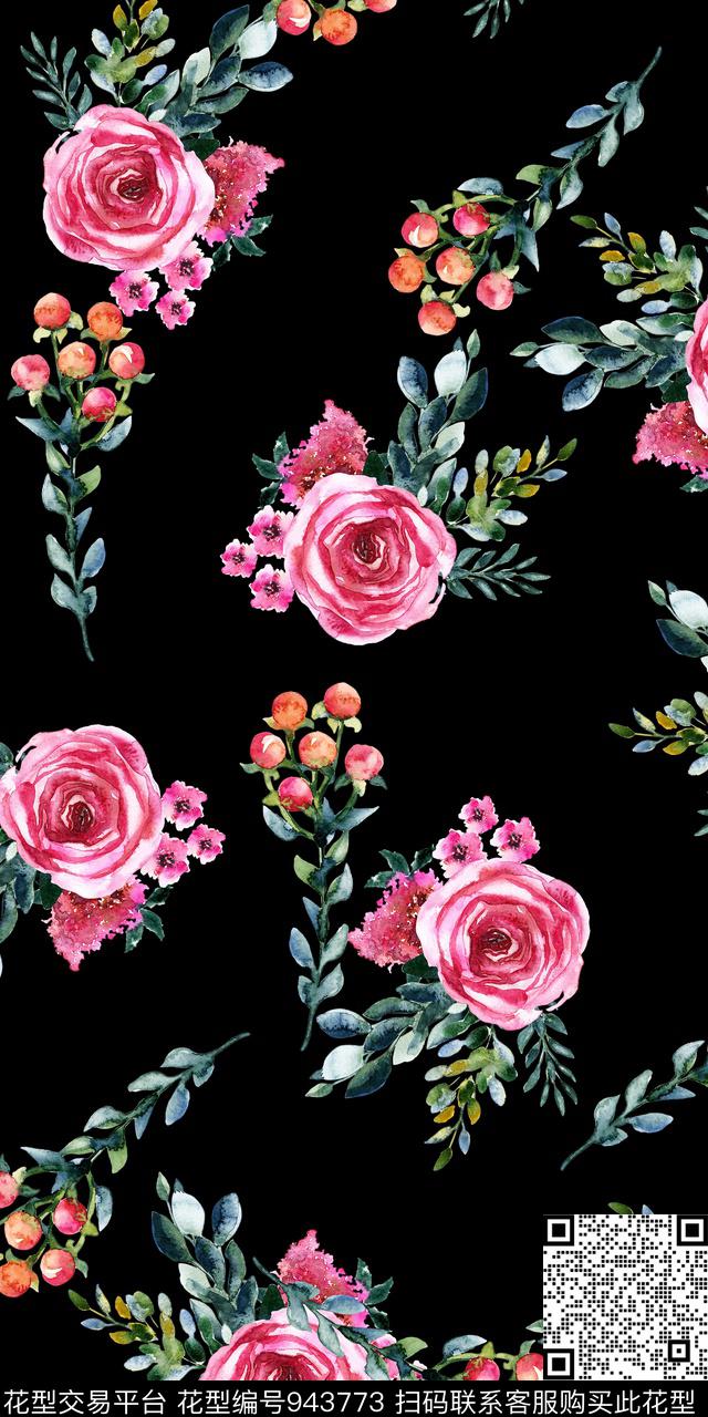 小碎花黑底花卉手绘花卉数码印花华亿平台下载（图片编号: 943773） - 瓦栏（Walan）